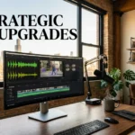 A stylish office setup featuring professional video editing software with AI-enhanced editing features on a large computer screen.
