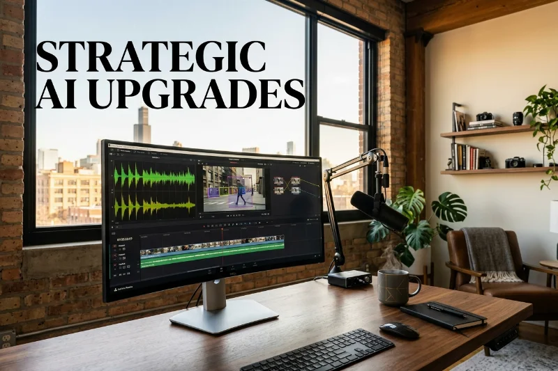 A stylish office setup featuring professional video editing software with AI-enhanced editing features on a large computer screen.
