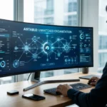 A high-tech digital dashboard representing organized business data and relational database structures.