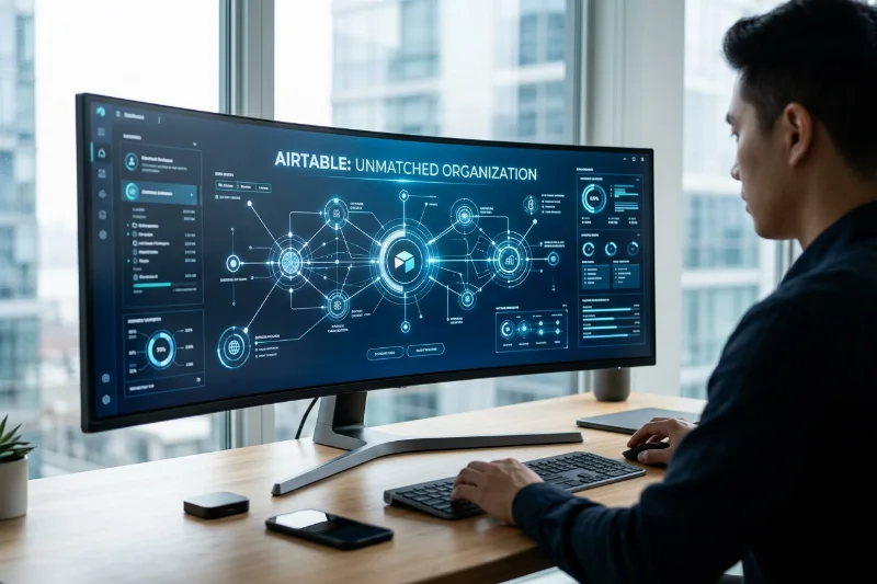 A high-tech digital dashboard representing organized business data and relational database structures.